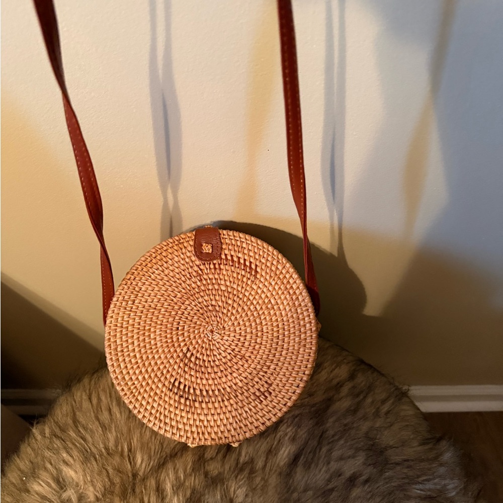 Round Woven Crossbody Bag with Brown Strap